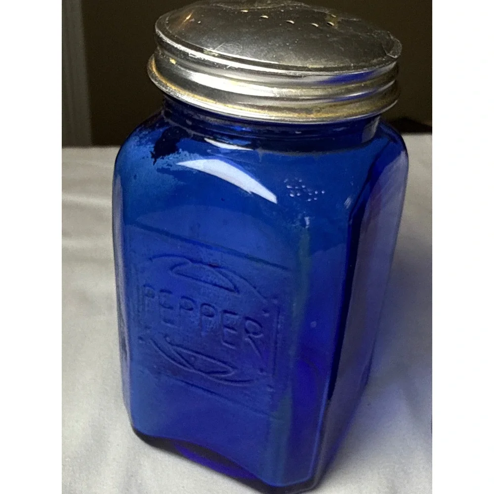 Vintage Cobalt Blue Glass Salt and Pepper Shakers Set Embossed Square Jars